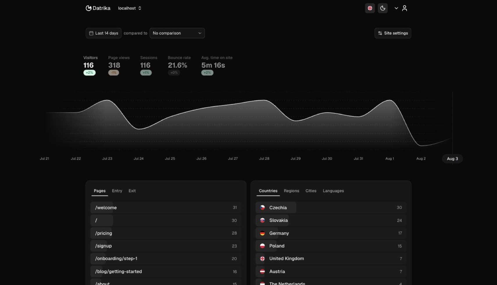 Datrika's analytics dashboard showing real-time site traffic